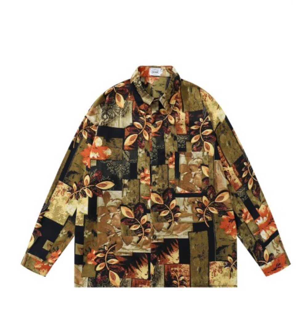 Brown Retro Patchwork Leaf Print Long Sleeve Shirt